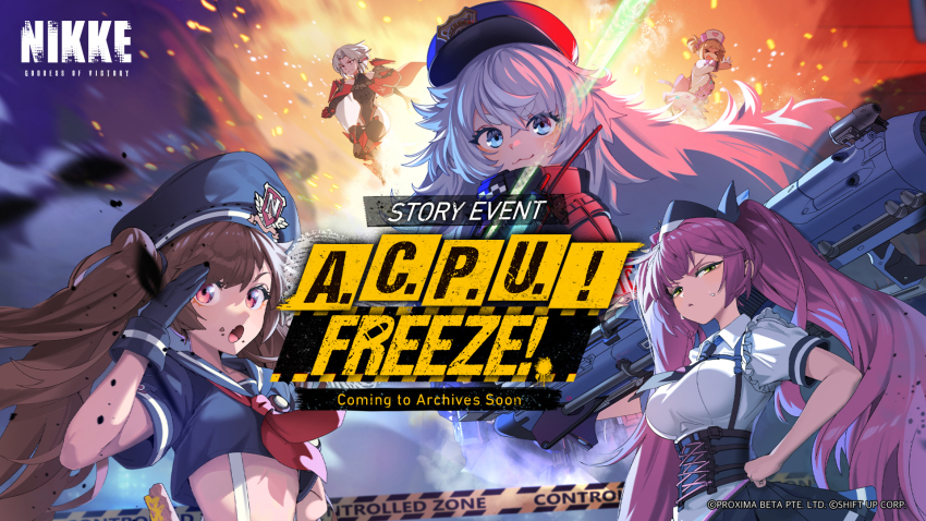 5girls a.c.p.u._(nikke) ammunition_belt ammunition_pouch artist_request bandolier belt bow bowtie checkered_bow checkered_bowtie checkered_clothes cropped_shirt drake_(nikke) fang goddess_of_victory:_nikke hat highres holding holding_rocket_launcher holding_weapon long_hair looking_at_viewer military_hat miranda_(nikke) multiple_girls neckerchief novel_(detective_nurse)_(nikke) novel_(nikke) official_art poli_(nikke) police police_hat police_uniform policewoman pouch quiry_(nikke) red_neckerchief rocket_launcher sailor_collar sailor_shirt salute shirt skin_fang smile song_name tactical_clothes utility_belt walkie-talkie weapon