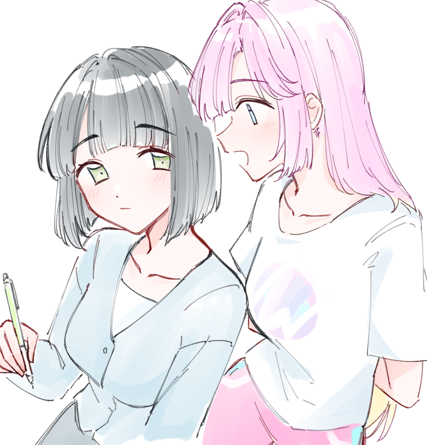 2girls anyoji_hime anyoji_hime_(summer_loungewear) blonde_hair blue_cardigan blue_eyes blunt_bangs blunt_ends blunt_sidelocks bob_cut breasts cardigan closed_mouth collarbone colored_tips commentary green_eyes hair_intakes highres holding holding_pencil link!_like!_love_live! long_hair long_sleeves love_live! mechanical_pencil medium_breasts momose_ginko momose_ginko_(summer_loungewear) multicolored_hair multiple_girls official_alternate_costume pencil pink_hair pink_shorts shirt short_hair short_sleeves shorts sidelocks simple_background symbol-only_commentary t-shirt two-tone_hair virtual_youtuber white_background white_shirt zangemiya