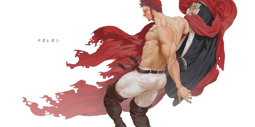 1boy abs absurdres ass bara belt boots brown_hair epaulettes facial_hair fate/grand_order fate_(series) feet_out_of_frame from_side goatee highres jacket karkenshark knee_boots long_sideburns looking_down male_focus muscular muscular_male napoleon_bonaparte_(fate) nipples open_belt pants pectorals profile sideburns simple_background solo thick_thighs thighs tight_clothes tight_pants topless_male translation_request unworn_jacket