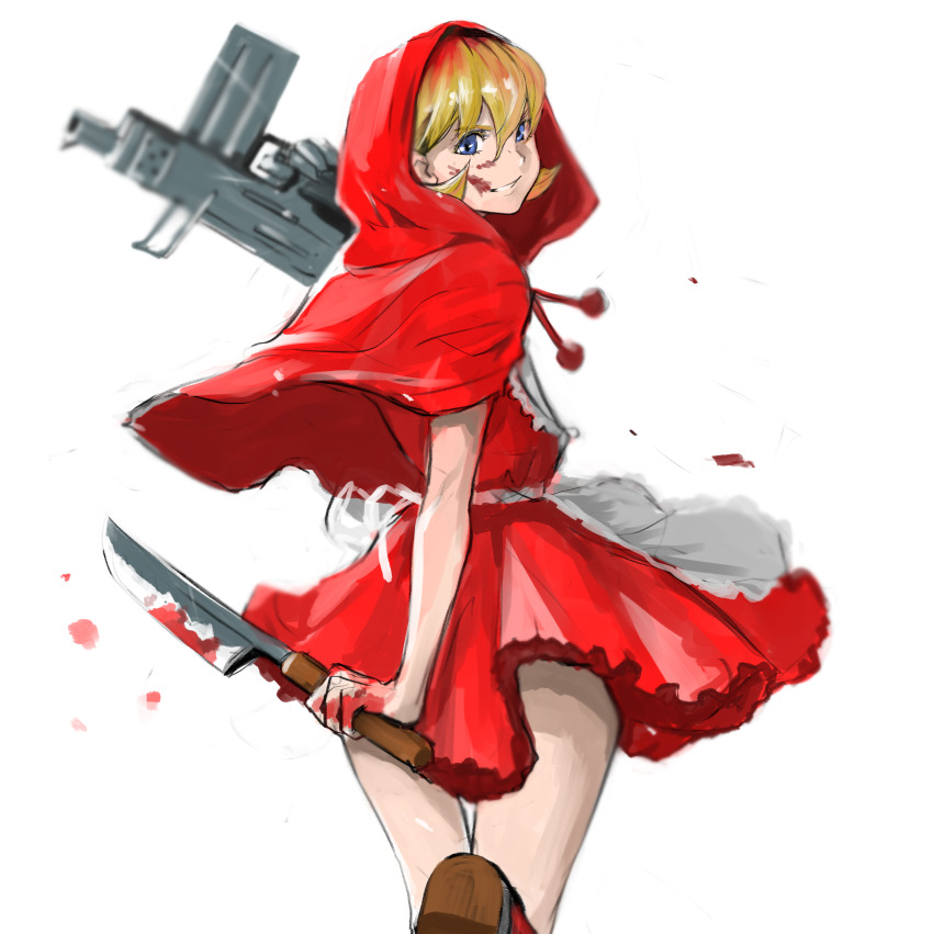 1girl 6maker absurdres apron blonde_hair blood blood_on_face blood_splatter bloody_knife blue_eyes b.b._hood capcom cape dress dual_wielding evil_grin evil_smile finger_on_trigger from_behind grin gun highres holding holding_gun holding_knife holding_weapon hood hood_up hooded_cape knife looking_at_viewer looking_back machine_pistol red_cape red_dress smile solo submachine_gun thigh_gap uzi darkstalkers waist_apron walking_away weapon