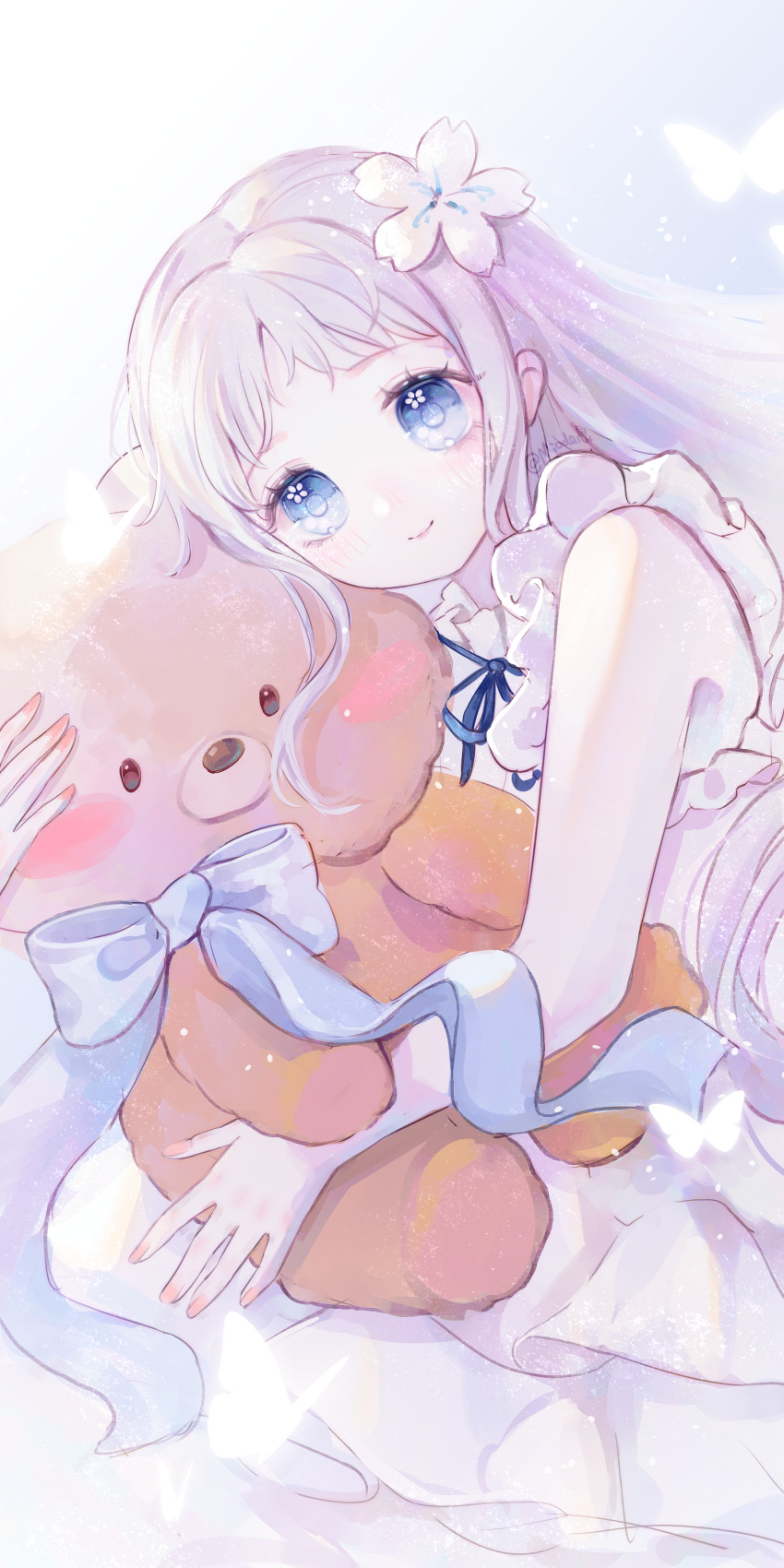 1girl absurdres ano_hi_mita_hana_no_namae_wo_bokutachi_wa_mada_shiranai. bare_arms blue_bow blue_bowtie blue_eyes bow bowtie bug butterfly closed_mouth cowboy_shot dress eyelashes flower flower_in_eye frilled_dress frills hair_flower hair_ornament highres holding holding_stuffed_toy honma_meiko hugging_object insect long_dress mioda_xi nail_polish pink_nails purple_bow purple_bowtie simple_background sleeveless sleeveless_dress smile stuffed_animal stuffed_toy symbol_in_eye teddy_bear white_background white_butterfly white_dress white_flower white_hair