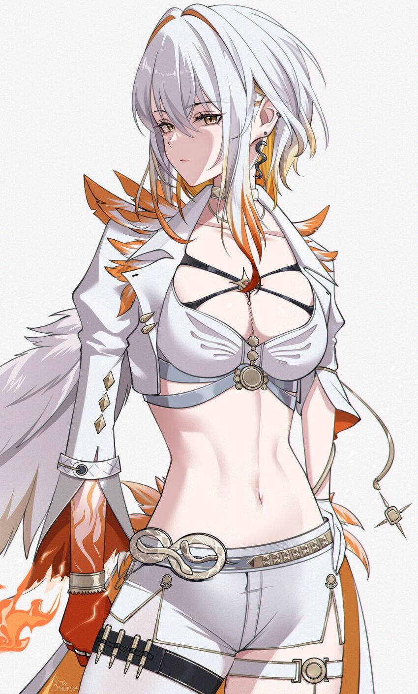 1girl bra breasts cleavage closed_mouth colored_extremities commentary_request cowboy_shot cropped_jacket ear_piercing earrings feathered_wings galbrena_(wuthering_waves) grey_background hair_between_eyes highres jacket jewelry linea_alba looking_at_viewer medium_breasts medium_hair multicolored_hair navel official_alternate_color pantyhose piercing red_hands shorts sidelocks simple_background single_wing solo stomach streaked_hair thigh_strap underwear uriuritei white_bra white_jacket white_pantyhose white_shorts wings wuthering_waves