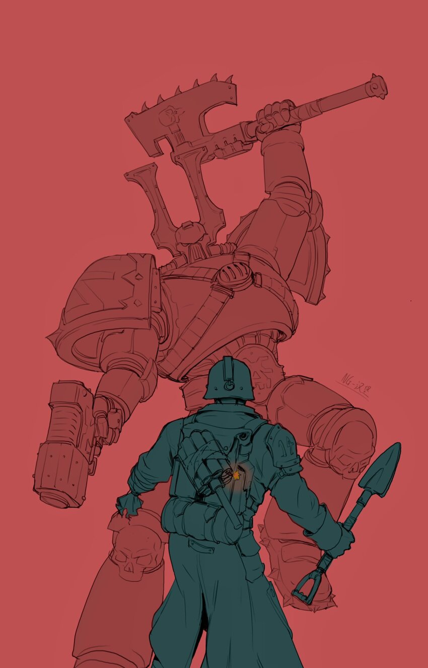 adeptus_astartes amputee arm_armor armor artist_name astarte axe backpack bag battle_axe bolter breastplate chain_axe chaos_(warhammer) chaos_space_marine coat combat_helmet contrast death_korps_of_krieg directed-energy_weapon dynamic_pose energy_gun energy_weapon explosive fighting_stance fire flat_color full_armor fuse gas_mask gloves green_theme grenade gun helmet highres holding holding_axe holding_shovel imperium_of_man khorne khorne_berserker laser_gun laser_weapon lasgun leg_armor limited_palette lit_fuse looking_at_viewer male_focus mask military military_coat military_uniform ng_hamburger pauldrons pocket power_armor procreate_(medium) red_background red_theme shoulder_armor shovel simple_background skull soldier spiked_armor spiked_boots stick_grenade trench_shovel warhammer_40k weapon