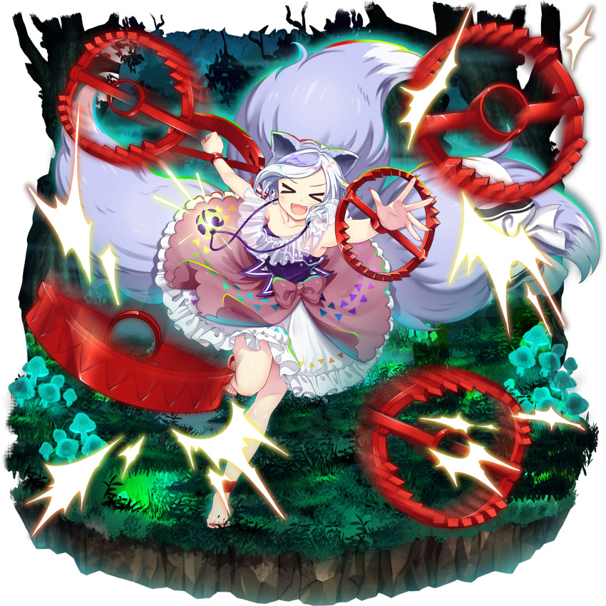 &gt;_&lt; animal_ears bare_shoulders bear_trap bow fang frills game_cg grey_tail highres jewelry mitsugashira_enoko multiple_tails official_art open_mouth pink_skirt purple_shirt rainbow_print red_nails rotte_(1109) shirt short_hair skirt smile tail third-party_source touhou touhou_lostword transparent_background white_hair wolf_ears wolf_tail