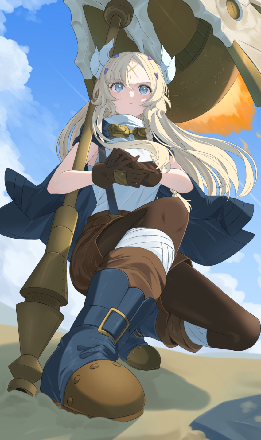 1girl bandages blonde_hair boots breasts duel_monster ecclesia_(yu-gi-oh!) facial_mark forehead_mark gloves goggles goggles_around_neck grey_eyes hair_ornament hammer heichi highres horns incredible_ecclesia_the_virtuous long_hair medium_breasts sand shorts sky solo stigmata suspender_shorts suspenders war_hammer weapon yu-gi-oh!