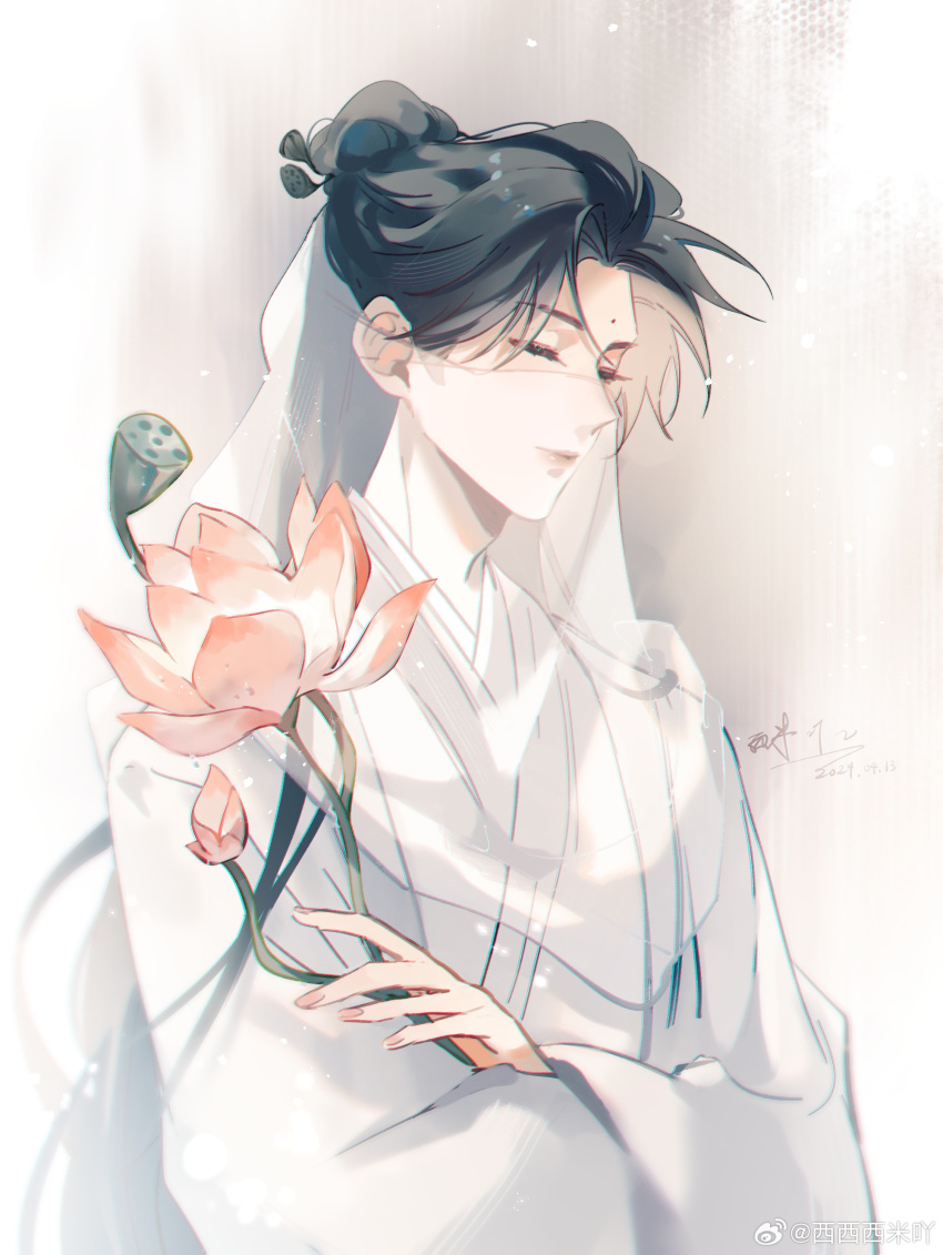 1boy absurdres black_hair chinese_clothes chinese_commentary closed_eyes closed_mouth crossed_arms facial_mark fingernails flower forehead_mark hair_behind_ear hair_ornament hair_stick hanfu highres holding holding_flower li_lianhua lips long_hair long_sleeves lotus lotus_pod male_focus mouth_veil mysterious_lotus_casebook parted_bangs pink_flower robe see-through_clothes see-through_veil signature simple_background solo three_quarter_view topknot upper_body veil watermark weibo_watermark white_background white_hanfu white_robe white_veil wide_sleeves xiximi