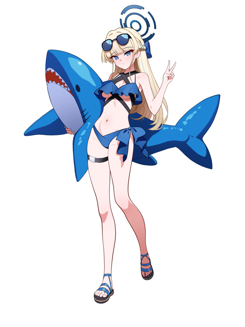 1girl bare_shoulders bikini blonde_hair blue_archive blue_eyes blush braid breasts full_body half_up_braid halo highres long_hair looking_at_viewer medium_breasts schwarz_rubin solo swimsuit toki_(blue_archive)