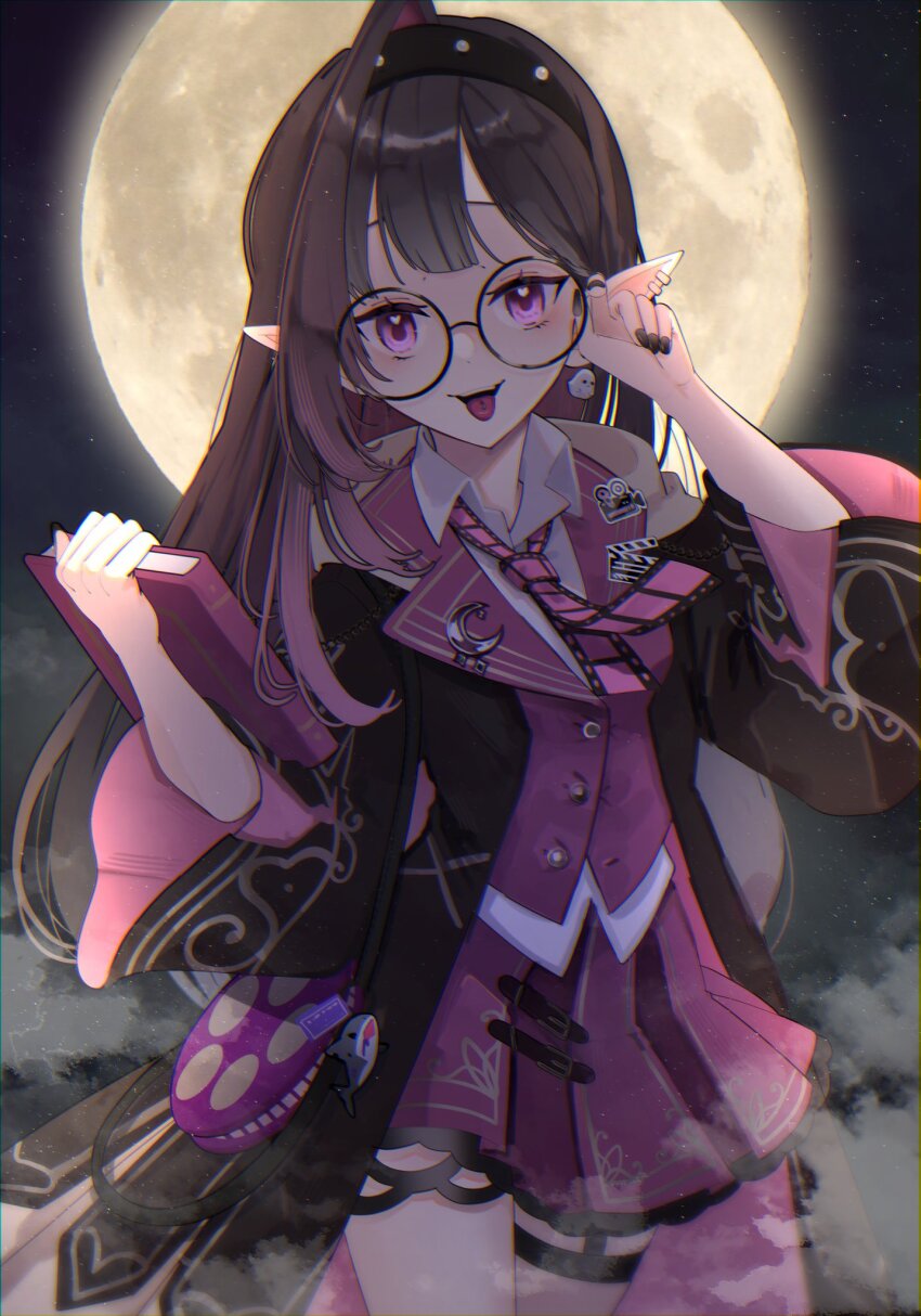 1girl adjusting_hair black_nails book brown_hair colored_inner_hair earrings first_stage_production fog full_moon glasses hairband highres holding holding_book jewelry long_hair looking_at_viewer loose_necktie moon multicolored_hair necktie nema_filluna night okaranko piercing pink_eyes pink_hair pointy_ears solo tongue tongue_out tongue_piercing virtual_youtuber