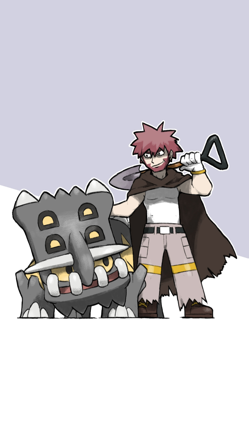 bastiodon belt black_belt blacknirrow brown_cape brown_shoes byron_(pokemon) cape closed_mouth commentary english_commentary facial_hair gen_4_pokemon grey_background grey_pants highres holding holding_shovel nintendo open_mouth outline pants pokemon pokemon_(creature) pokemon_dppt red_hair shirt shoes short_hair shovel simple_background sleeveless sleeveless_shirt smile spiked_hair standing two-tone_background white_background white_outline white_shirt