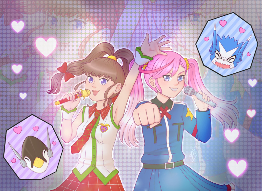 amano_nene_(digimon_xros_wars) appmon concert digimon digimon_universe:_appli_monsters digimon_xros_wars digimon_xros_wars:_toki_wo_kakeru_shounen_hunter-tachi dokamon highres idol karan_eri microphone sparrowmon