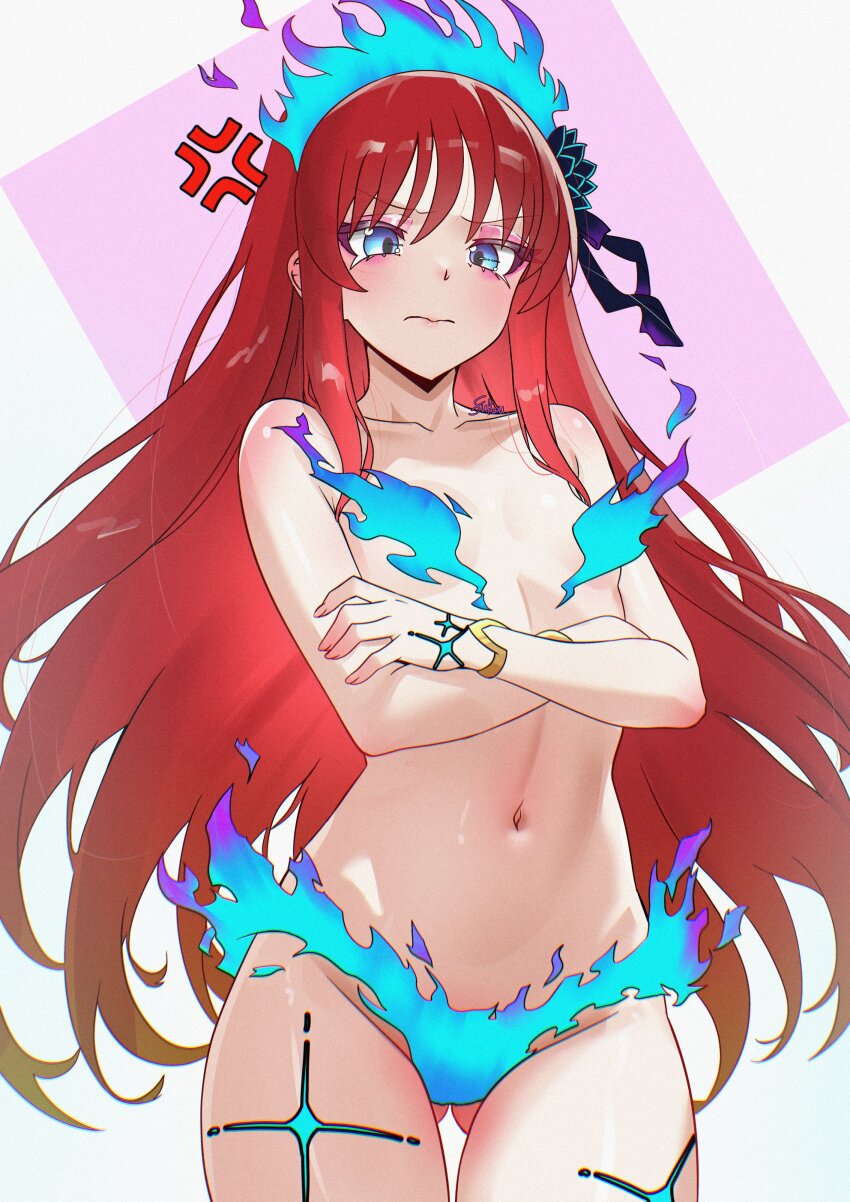 1girl absurdres anger_vein blue_eyes blue_fire blush breasts cosplay crossed_arms fate/grand_order fate_(series) fire fire_censor fukou gluteal_fold highres kama_(fate) kama_(fate)_(cosplay) kama_(swimsuit_avenger)_(third_ascension)_(fate) long_hair looking_at_viewer navel red_hair sidelocks small_breasts solo tohno_akiha tsukihime