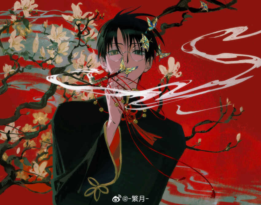 1boy black_hair blue_eyes branch bug butterfly chinese_clothes floral_background flower glasses heterochromia highres holding holding_smoking_pipe insect kiseru long_sleeves looking_at_viewer male_focus red_background short_hair smoke smoking smoking_pipe solo upper_body watanuki_kimihiro watermark weibo_username weibo_watermark wide_sleeves xxxholic yuefanfan