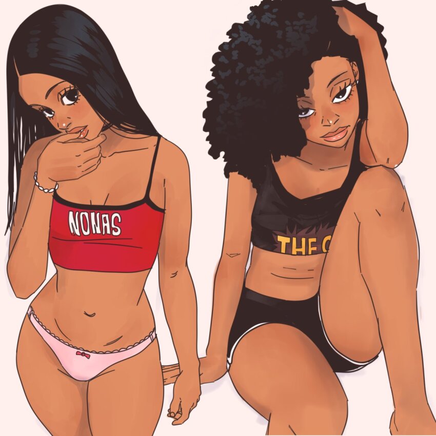 1girl 2girls black_hair black_shirt black_shorts breasts crop_top dark-skinned_female dark_skin dolphin_shorts grey_background highres jesus_aponza long_hair looking_at_viewer messy_hair midriff multiple_girls navel original panties pink_panties red_tank_top rosa_(jesus_aponza) shirt shorts simple_background sleeveless sleeveless_shirt small_breasts tank_top underwear