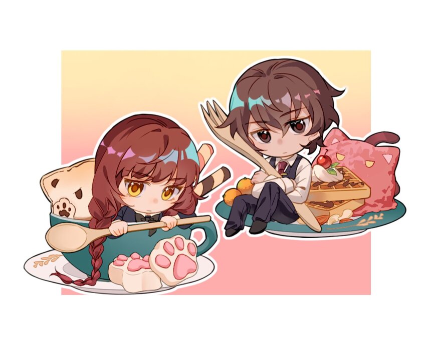 1boy 1girl :| black_bow black_bowtie black_pants black_vest blue_jacket bow bowtie braid brown_eyes brown_hair chibi chibi_only closed_mouth collared_shirt cup expressionless fata_morgana_no_yakata food fork hair_between_eyes holding holding_fork holding_spoon in_container in_cup jacket jacopo_bearzatti long_hair looking_at_viewer morgana_(fata_morgana_no_yakata) necktie pants red_hair red_necktie shirt short_hair sitting spoon twin_braids vest waffle white_shirt xunjn1 yellow_eyes