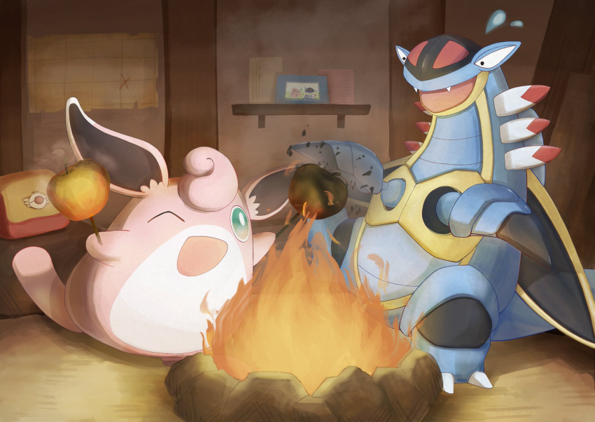 animal_focus apple armaldo bag black_eyes bright_pupils burnt_food campfire claws cooking creatures_(company) eye_contact fangs fire flying_sweatdrops food fruit game_freak gen_1_pokemon gen_2_pokemon gen_3_pokemon green_eyes hands_up happy highres holding holding_food igglybuff indoors looking_at_another looking_down looking_up map nervous nintendo no_humans one_eye_closed open_mouth photo_(object) picture_frame pink_hair pokemon pokemon_(creature) pokemon_mystery_dungeon pokemon_mystery_dungeon:_explorers_of_time/darkness/sky short_hair sitting smile steam white_pupils wigglytuff wink yamachi_nosuke