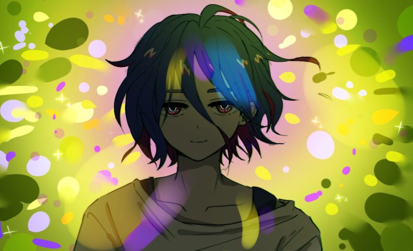 1boy blue_hair colored_inner_hair gundam gundam_gquuuuuux looking_at_viewer male_focus multicolored_hair purple_hair red_eyes shirt short_hair shuji_ito smile solo straight-on two-tone_hair upper_body white_shirt yoursansface