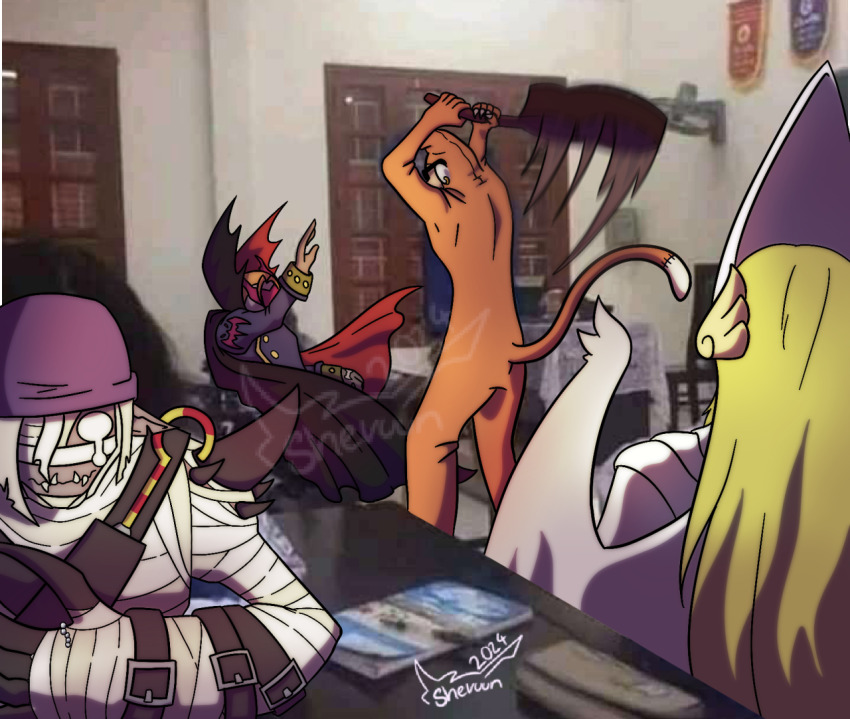 bandages belt digimon digimon_(creature) etemon guitar hat holyangemon holyangemon_priest_mode instrument long_hair meme monster_boy mummy mummy_boy mummymon tail yellow_eyes