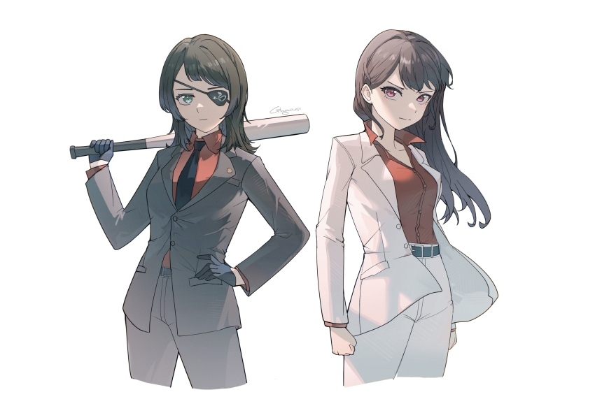2girls bang_dream! bang_dream!_it&#039;s_mygo!!!!! baseball_bat belt black_belt black_hair black_necktie blue_eyes breasts brown_hair chinese_commentary clenched_hands closed_mouth collared_shirt commentary_request dress_shirt eyepatch gblamgo grey_jacket grey_pants hand_on_own_hip highres jacket long_hair medium_breasts medium_hair mole mole_under_eye multiple_girls necktie open_clothes open_jacket pants purple_eyes red_shirt ryuu_ga_gotoku_(series) shiina_taki shirt simple_background timoris_(bang_dream!) white_background white_jacket white_pants yahata_umiri