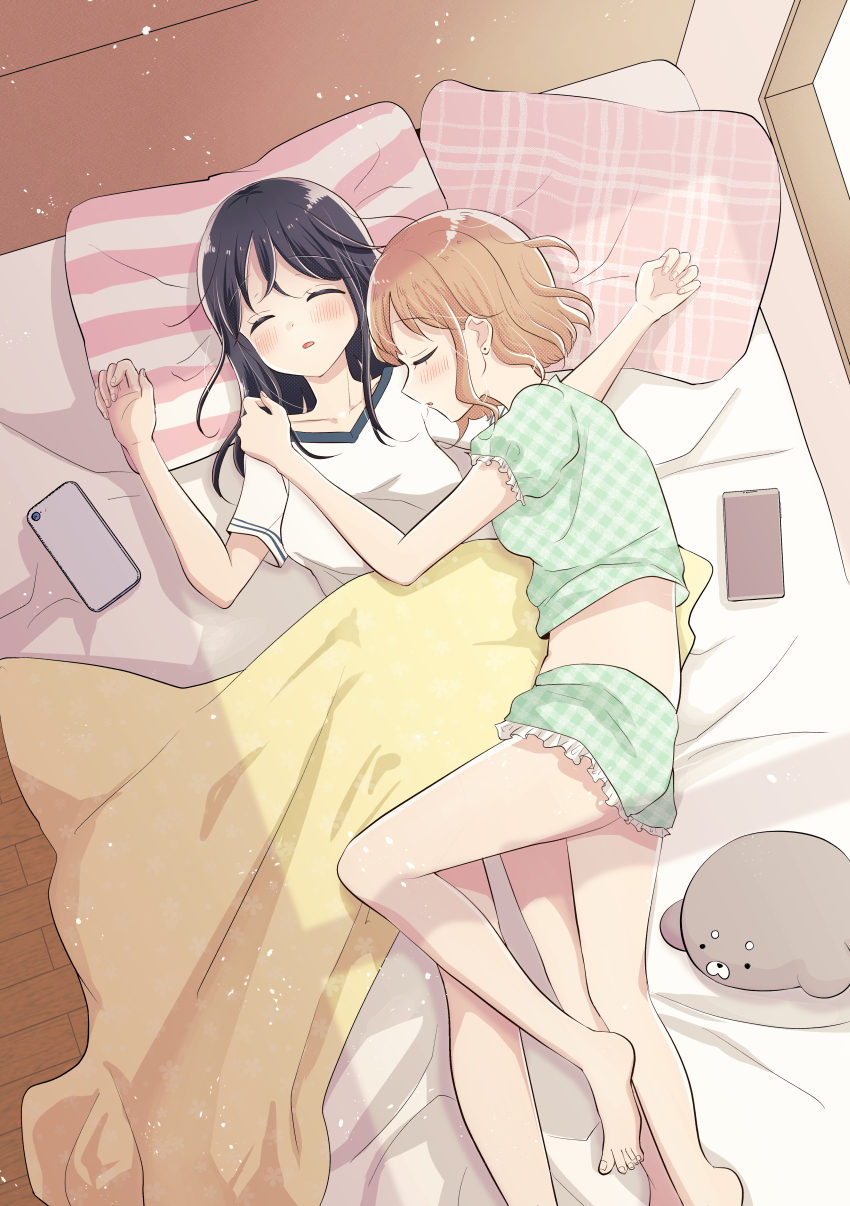 2girls absurdres bare_legs barefoot black_hair brown_hair cellphone commentary_request cuddling from_above green_shirt green_shorts hand_on_another&#039;s_shoulder highres huge_filesize light_particles long_hair multiple_girls on_bed original parted_lips phone pillow shirt short_hair shorts sleeping smartphone toes white_shirt yukio_yuki yuri