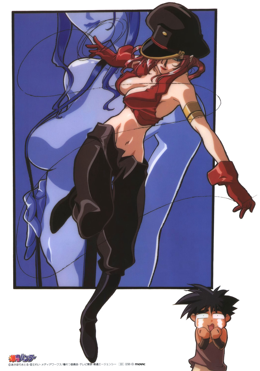 1990s_(style) 1boy 1girl armlet bakuretsu_hunters black_eyes black_footwear black_hair blue_eyes boots breasts carrot_glace chocolate_misu cleavage constricted_pupils copyright_notice cropped_jacket crying gloves gotou_keiji hat highres jewelry large_breasts lipstick logo long_hair makeup medium_breasts naked_suspenders navel non-web_source official_art open_mouth pants peaked_cap red_gloves red_hair red_lips retro_artstyle sleeveless sleeveless_jacket solo_focus streaming_tears suspenders tears wire