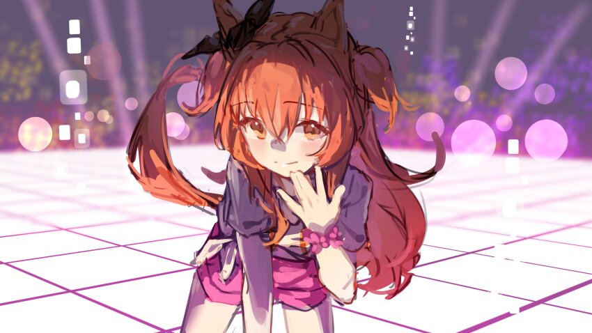 1girl absurdres animal_ears blurry bokeh bow bracelet closed_mouth depth_of_field ear_bow gaze_on_me!_outfit_(umamusume) highres horse_ears horse_girl horse_tail jewelry leaning_forward legs_apart long_hair looking_at_viewer mayano_top_gun_(umamusume) orange_eyes orange_hair pink_shorts shirt short_shorts short_sleeves shorts sketch smile solo stage standing tail two_side_up umamusume white_shirt yu_hydra