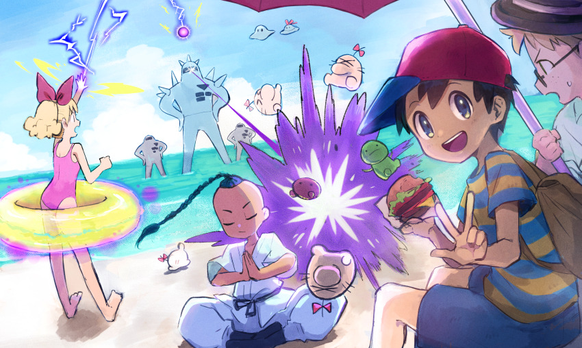 &gt;_&lt; 1girl 3boys :d alien alternate_costume alternate_hairstyle backpack bag barefoot baseball_cap beach black_hair blonde_hair blue_eyes bow braid burger closed_eyes doseisan dougi electricity fobby glasses hair_bow hat highres innertube jeff_andonuts karate_gi mikanbako_(aitatadon3) mother_(series) mother_2 multiple_boys ness_(mother_2) nintendo ocean one-piece_swimsuit open_mouth parasol paula_(mother_2) ponytail poo_(mother_2) psychic robot shirt single_braid sitting smile standing starman striped_clothes striped_shirt sweatdrop swim_ring swimsuit tenda_(mother) ufo umbrella v water xd