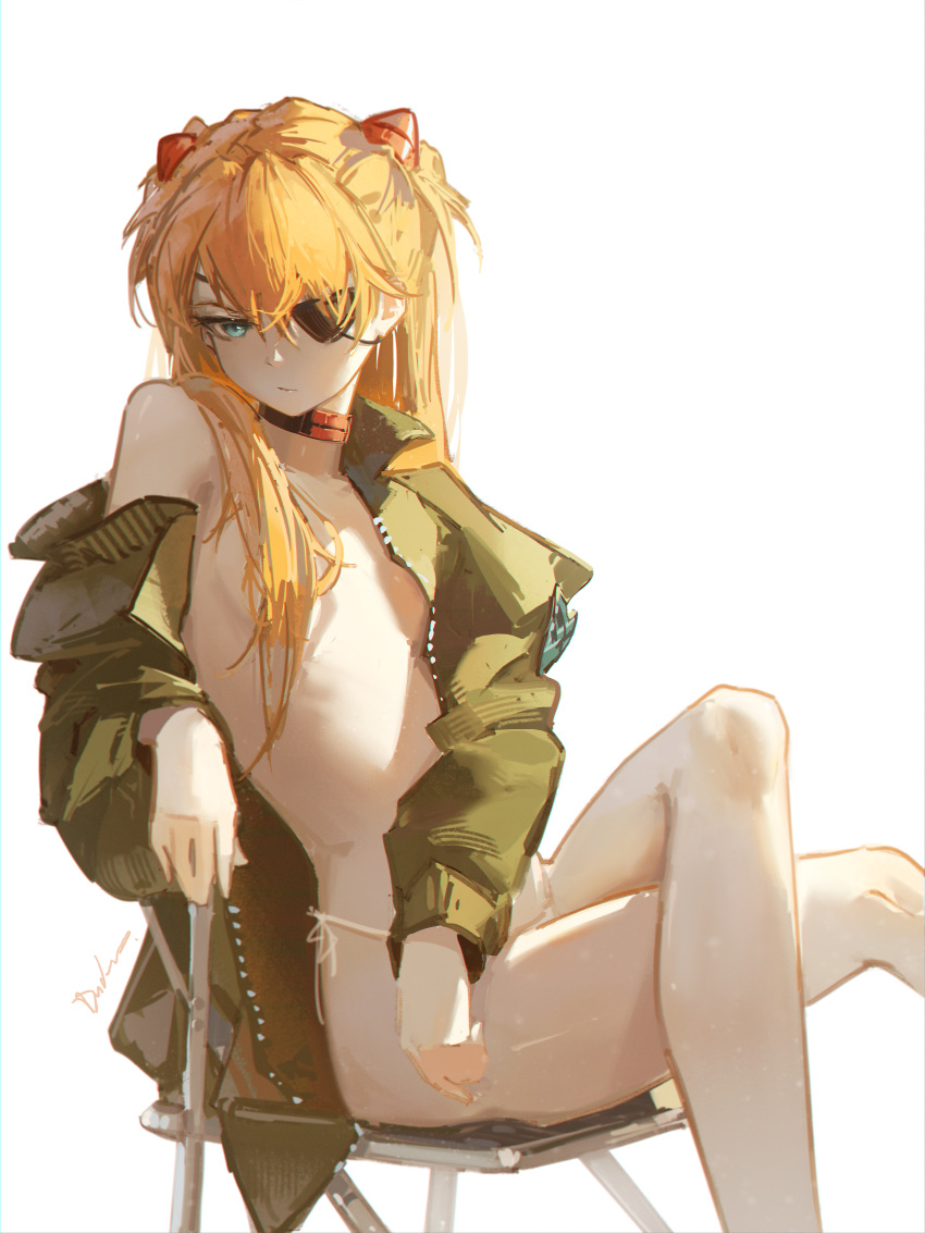 1girl absurdres blue_eyes breasts brown_hair chair convenient_censoring crossed_legs dudrinm evangelion:_3.0+1.0_thrice_upon_a_time expressionless eyepatch from_above green_jacket hair_censor hair_ornament hair_over_breasts hair_over_one_breast hair_over_one_eye hand_on_own_hip highres jacket legs_apart long_hair navel neon_genesis_evangelion no_bra on_chair panties rebuild_of_evangelion scarf shadow shiny_skin side-tie_panties sitting small_breasts souryuu_asuka_langley standing thigh_gap two_side_up underwear
