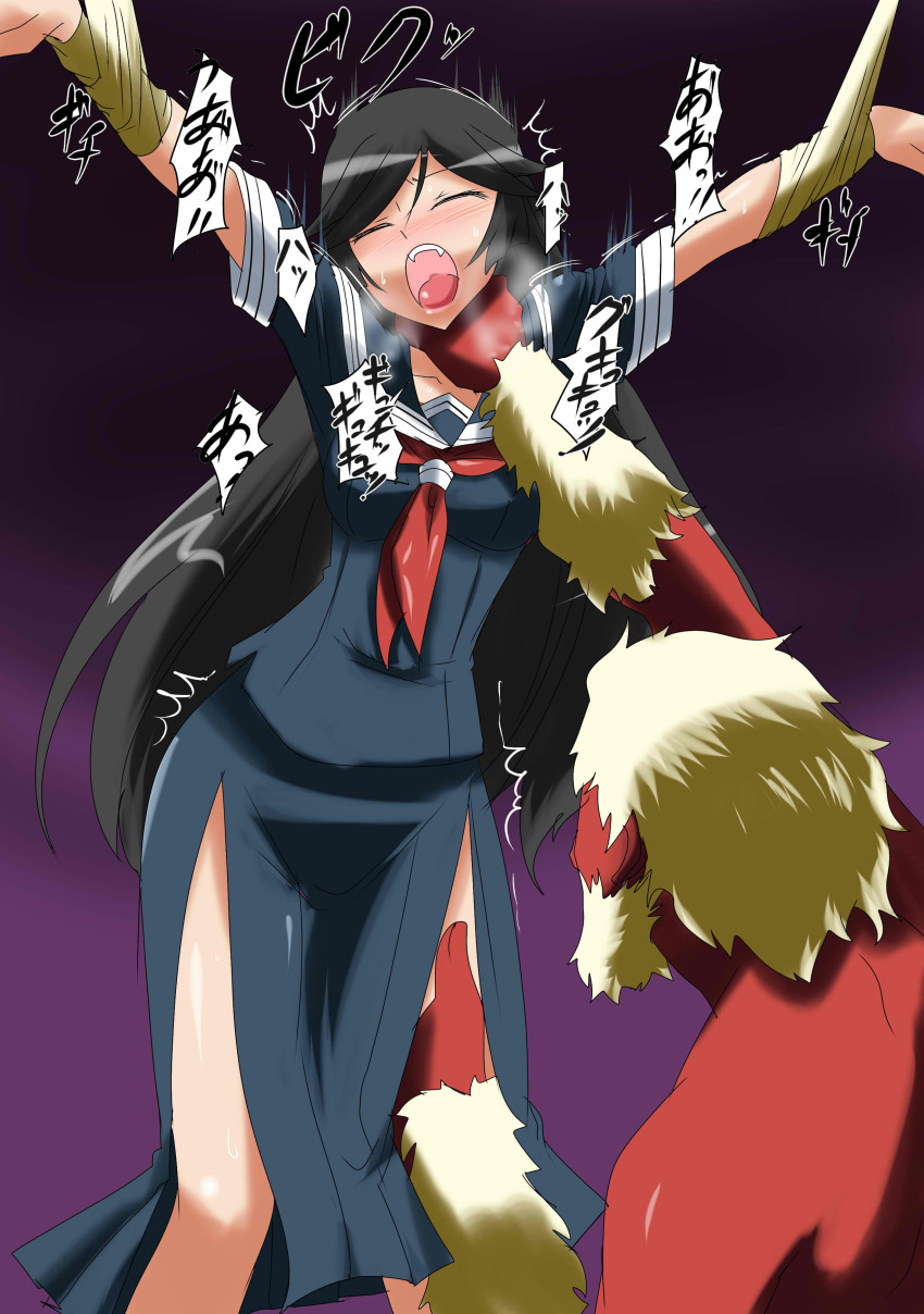 1girl absurdres arms_up black_hair blush closed_eyes forced groping highres hime_cut kaibutsu_oujo kamura_reiri long_hair molestation open_mouth restrained ri-raritobaku school_uniform standing strangling sweat trembling