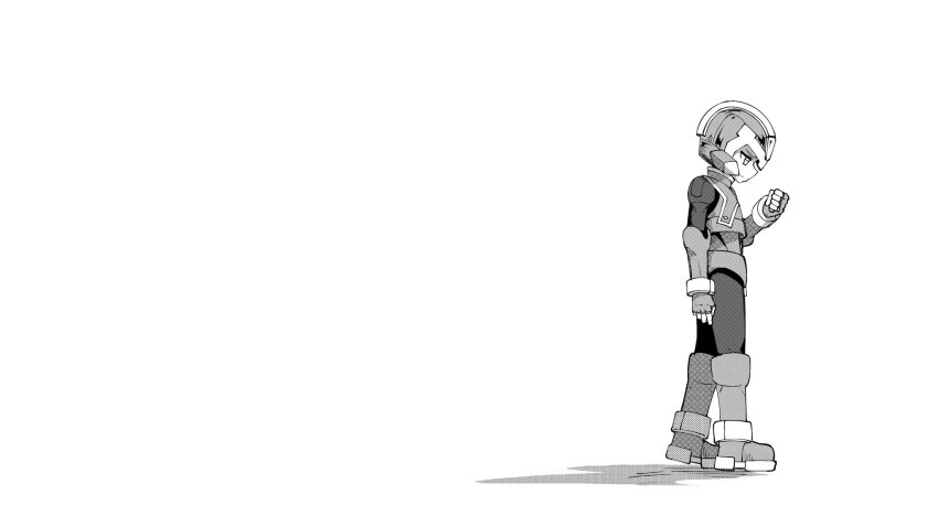 1boy armor clenched_hand copy_x_(mega_man) from_side full_body halftone helmet highres mega_man_(series) mega_man_zero_(series) monochrome profile simple_background solo thenul white_background wide_shot