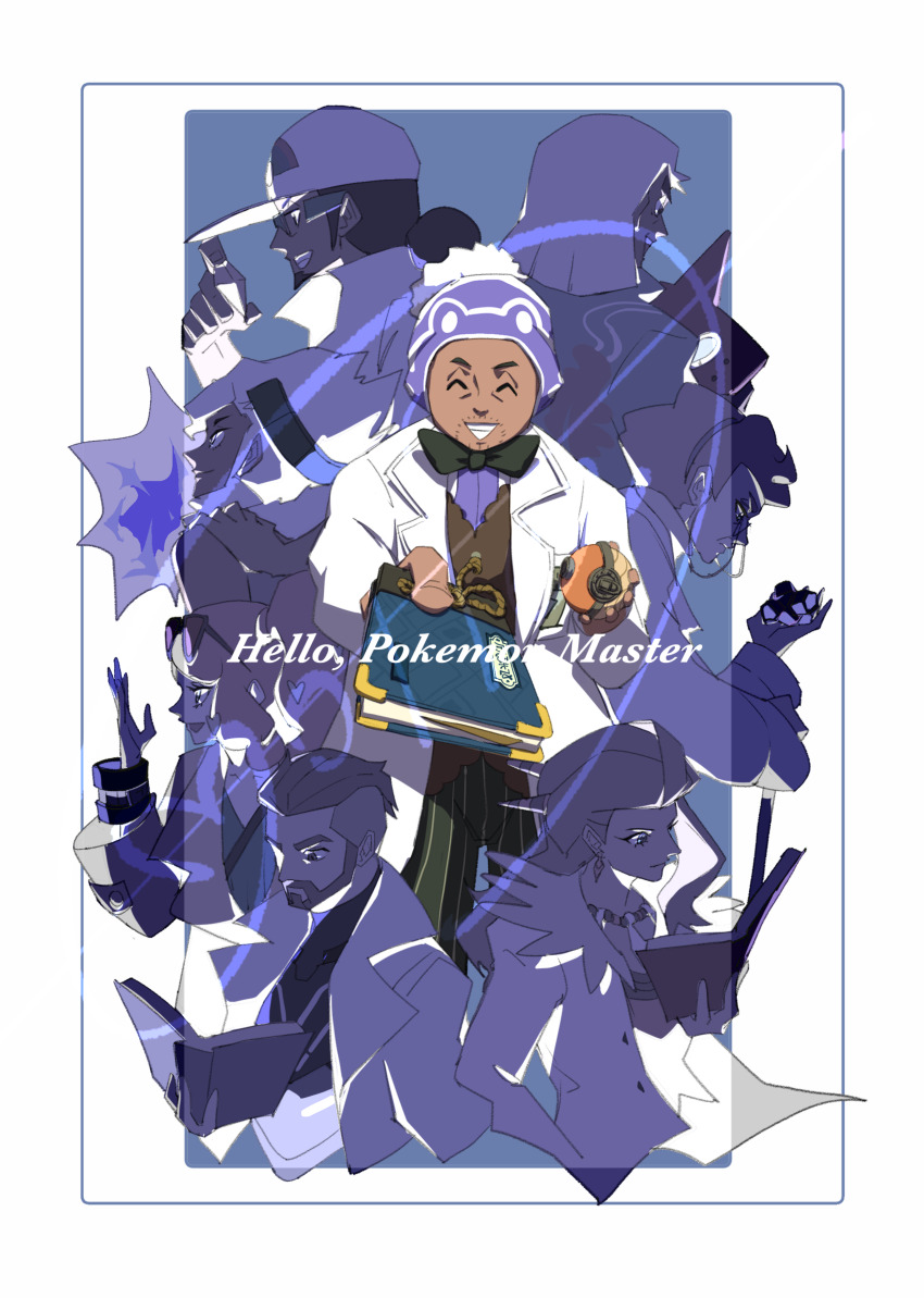 4boys 4girls ^_^ absurdres beard_stubble black_bow black_bowtie border bow bowtie brown_vest burnet_(pokemon) cccacademia closed_eyes coat dark-skinned_male dark_skin english_text facial_hair facing_viewer grin highres hisuian_poke_ball holding holding_poke_ball kukui_(pokemon) laventon_(pokemon) magnolia_(pokemon) mixed-language_commentary multiple_boys multiple_girls nintendo open_clothes open_coat pants poke_ball pokemon pokemon_legends:_arceus pokemon_sm pokemon_sv pokemon_swsh sada_(pokemon) samson_oak shirt signature smile sonia_(pokemon) striped_clothes striped_pants stubble teeth turo_(pokemon) vertical-striped_clothes vertical-striped_pants vest white_border white_coat