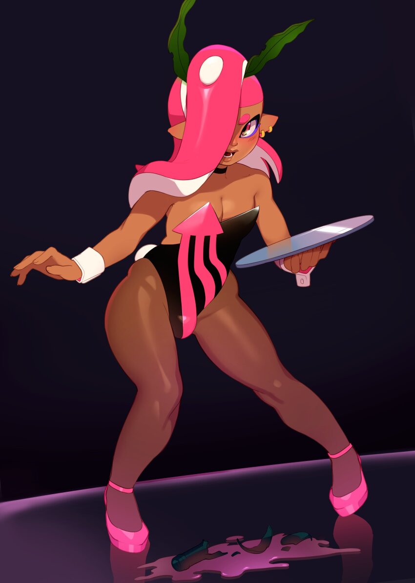 1boy absurdres black_choker black_leotard blush broken_bottle brown_pantyhose bulge choker combos_&amp;_doodles earrings embarrassed hair_ornament hair_over_one_eye high_heels highres holding holding_tray jewelry leaf_hair_ornament leotard long_hair looking_at_viewer multicolored_leotard nintendo octoling open_mouth pantyhose pink_eyes pink_hair pink_leotard pink_shoes pointy_ears rabbit_tail shoes solo spill splatoon_(series) strapless strapless_leotard tail takoko_yakisoba_(combos_&amp;_doodles) tentacle_hair trap tray two-tone_leotard white_wrist_cuffs wrist_cuffs