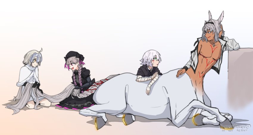 1boy 3girls :d :o ahoge animal_ears arm_rest bandaged_arm bandages beret black_bow black_cloak black_dress black_gloves black_hairband black_headwear black_legwear blue_eyes blush_stickers body_markings bow braid braided_tail caenis_(fate) capelet centaur cloak collarbone commentary dark_skin dress elbow_gloves english_commentary fate/grand_order fate_(series) frilled_dress frills full_body fur-trimmed_capelet fur_trim genderswap genderswap_(ftm) gloves gradient_hair green_eyes hair_between_eyes hair_bow hair_intakes hairband hat headgear highres holding_tail hooves horse_tail jack_the_ripper_(fate/apocrypha) jacket jeanne_d&#039;arc_(fate) jeanne_d&#039;arc_alter_santa_lily_(fate) kneeling long_hair long_sleeves looking_at_another monster_boy monsterification multicolored_hair multiple_girls multiple_legs navel neon_(theneonflower) nursery_rhyme_(fate) nursery_rhyme_(fate/grand_order) off_shoulder open_clothes open_jacket open_mouth parted_lips pink_eyes shadow short_hair sidelocks simple_background single_bare_shoulder sitting smile socks stomach tail taur twin_braids twitter_username white_background white_capelet white_dress white_hair white_jacket