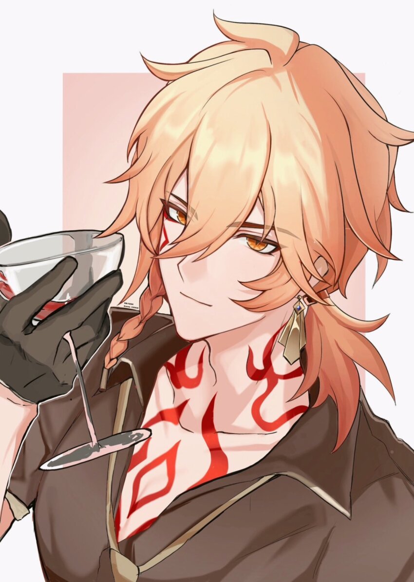 1boy alternate_costume black_gloves black_shirt blonde_hair braid chest_tattoo collared_shirt cup earrings eren_330520 facial_tattoo gloves gold_earrings gradient_hair hair_between_eyes half_gloves hashtag-only_commentary highres holding holding_cup honkai:_star_rail honkai_(series) jewelry looking_at_viewer male_focus medium_hair multicolored_hair mydei_(honkai:_star_rail) red_hair red_tattoo shirt side_braid solo tattoo yellow_eyes