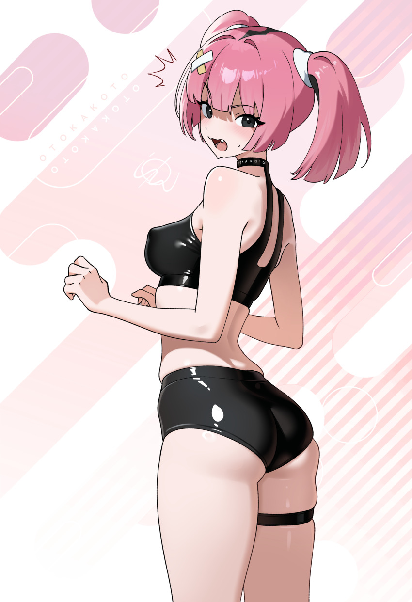 1girl absurdres ass black_choker black_eyes black_panties black_sports_bra breasts choker commentary coral_(pokemon) english_commentary fang from_behind game_freak highres looking_at_viewer looking_back medium_breasts nintendo notice_lines open_mouth otokakoto panties pink_background pink_hair pokemon pokemon_(anime) pokemon_horizons skindentation solo sports_bra sweatdrop thigh_strap twintails underwear underwear_only