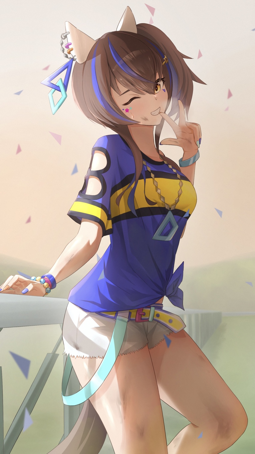1girl absurdres against_railing animal_ears bead_bracelet beads belt blue_shirt blush bracelet commentary_request confetti cowboy_shot cutoffs daitaku_helios_(umamusume) dirty dirty_face ear_covers ear_ornament ear_piercing facial_tattoo grin hair_between_eyes hair_ornament hairclip highres horse_ears horse_girl horse_tail jewelry one_eye_closed piercing pilinthia railing shirt short_sleeves shorts side_ponytail smile solo stretching tail tattoo tied_shirt umamusume w white_shorts yellow_belt yellow_eyes
