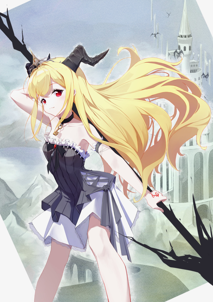 1girl absurdres arm_strap arm_up bare_shoulders black_choker black_dress blonde_hair blush breasts choker dress hand_tattoo highres holding holding_weapon horns jewelry key key_necklace layered_skirt long_hair looking_at_viewer necklace off-shoulder_dress off_shoulder original red_eyes skirt small_breasts smile solo tattoo to9643 two-tone_dress weapon white_dress