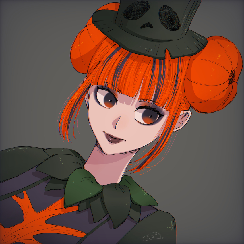 1girl cheesecaked23 closed_mouth disneyland double_bun gloves hair_bun halloween halloween_costume hat highres hime_cut long_hair long_sleeves looking_at_viewer makeup orange_eyes orange_hair shirt smile solo