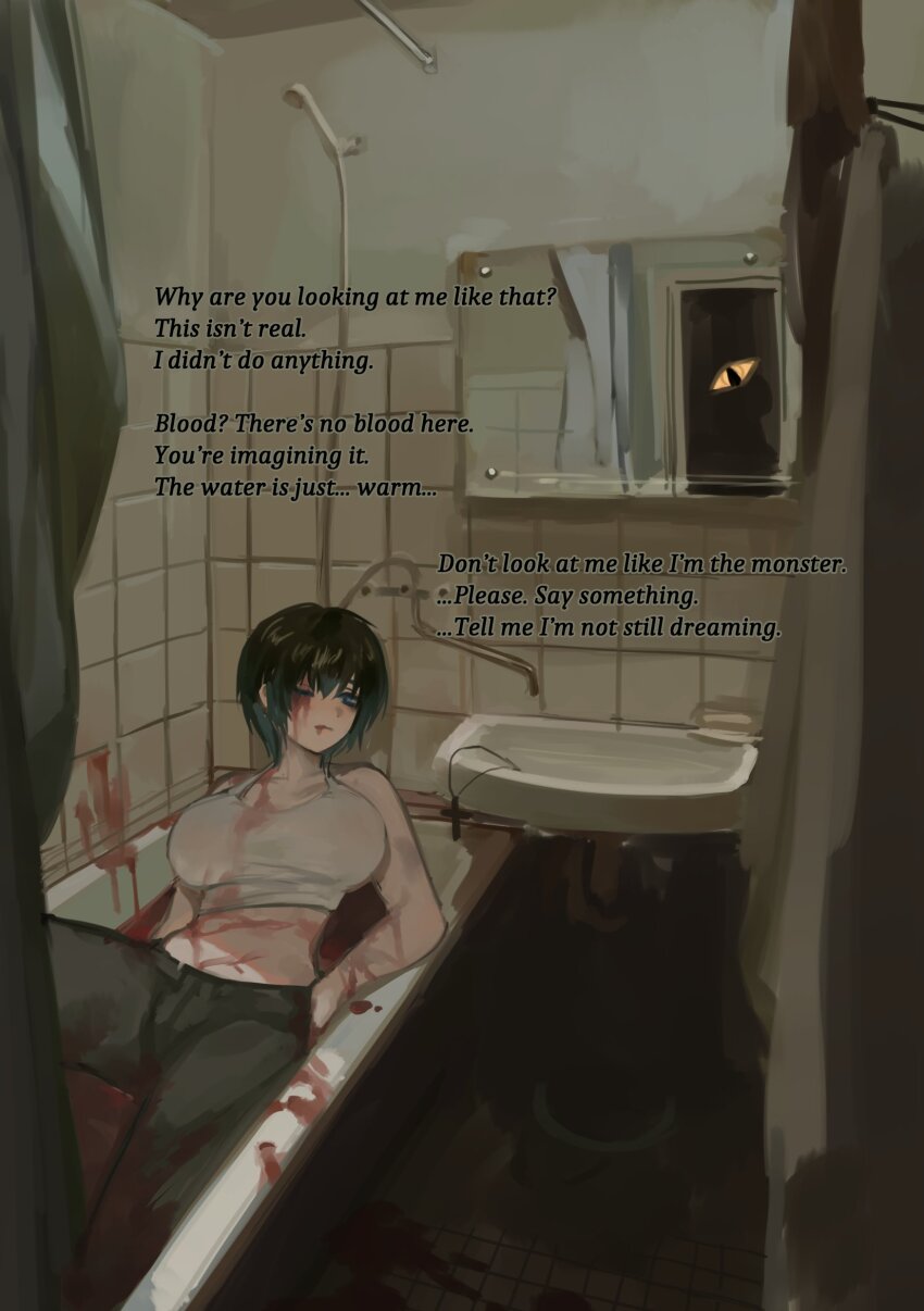 1girl absurdres bare_shoulders bath bath_of_blood bathroom bathtub black_hair black_pants blood blood_from_mouth blood_on_arm blood_on_body blood_on_clothes blood_on_face blue_eyes breasts closed_mouth crop_top cross cross_necklace english_text highres in_bathtub indoors jewelry large_breasts looking_through_window lying midriff mirror necklace norza on_back one_eye_closed original pants short_hair sink solo tank_top unworn_jewelry unworn_necklace white_tank_top window