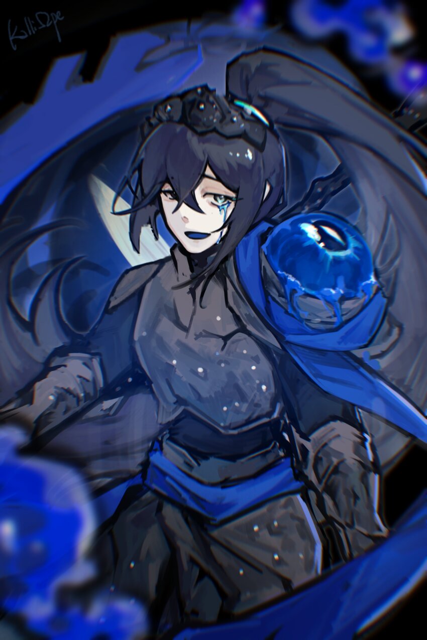 1boy absurdres aqua_eyes armor black_armor black_eyes black_hair blue_sash cavernous_wailing_(e.g.o) cowboy_shot crying e.g.o_(project_moon) eyeball high_ponytail highres hong_lu_(project_moon) kalliope_orc limbus_company long_hair looking_at_viewer open_mouth ponytail project_moon sash smile solo very_long_hair