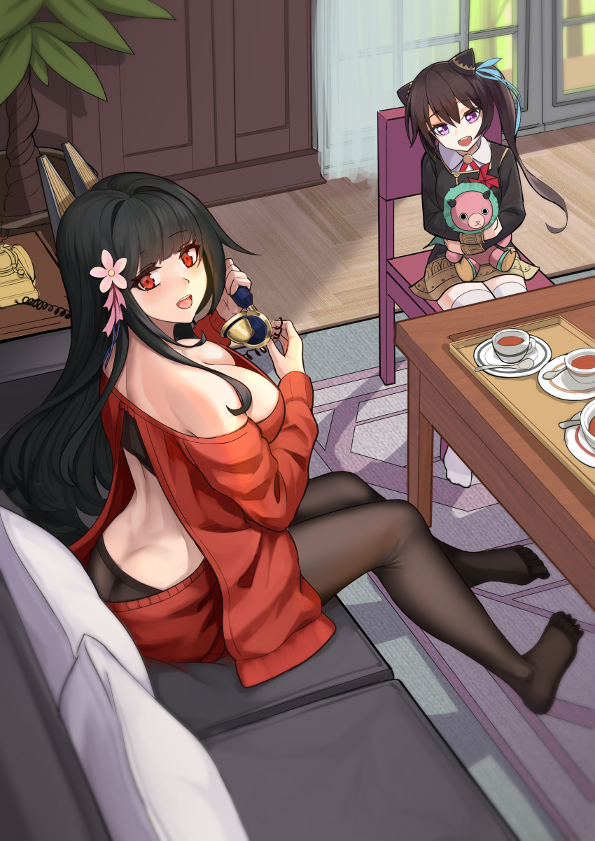 2girls absurdres akagi_(warship_girls_r) alternate_costume black_hair blunt_bangs brown_hair chichengde_haotidu_afusang cosplay couch crossover cup feet flower hair_flower hair_ornament highres holding indoors long_hair looking_at_viewer multiple_girls no_shoes off_shoulder open_mouth pantyhose pink_eyes purple_eyes red_eyes sitting smile stuffed_toy sweater table tea teacup warship_girls_r watermark weibo_watermark