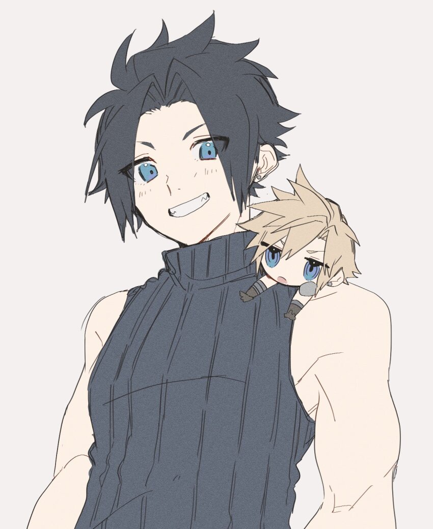 2boys :o armor biceps black_hair black_sweater blonde_hair blue_eyes brown_gloves chibi chibi_inset chibi_on_shoulder cloud_strife crisis_core_final_fantasy_vii earrings final_fantasy final_fantasy_vii gloves grey_background grin highres jewelry looking_at_another male_focus multiple_boys muscular muscular_male open_mouth parted_bangs pauldrons same_no_nituke3 short_hair shoulder_armor simple_background single_pauldron sleeveless sleeveless_turtleneck smile spiked_hair stud_earrings sweater turtleneck upper_body world_of_final_fantasy zack_fair