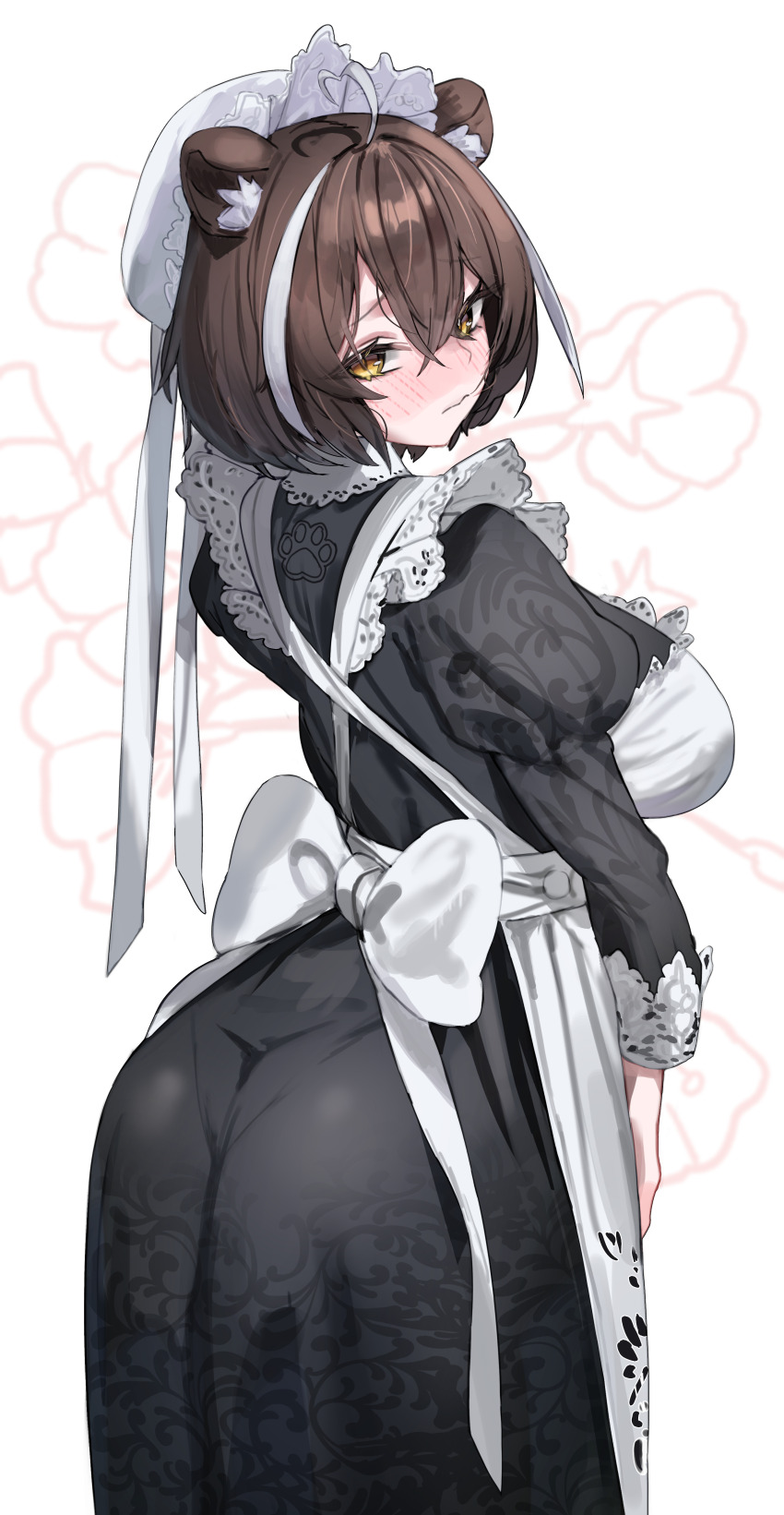 1girl absurdres ahoge animal_ear_fluff animal_ears apron ass back_bow bear_ears bear_girl black_dress blush bow breasts brown_eyes brown_hair closed_mouth commentary_request cowboy_shot crossed_bangs dress embarrassed embroidery floral_background frilled_hat frills from_side furrowed_brow hair_between_eyes hat heart heart_ahoge highres juliet_sleeves korean_commentary krabking large_breasts long_sleeves maid maid_apron mob_cap multicolored_hair original pantylines puffy_sleeves short_hair solo standing streaked_hair turning_head two-tone_hair victorian_maid white_apron white_bow white_hair white_hat
