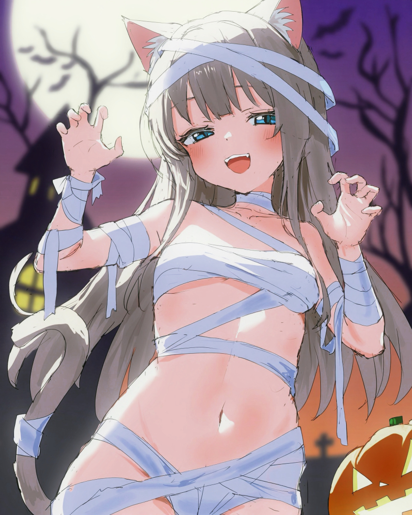 1girl 4o4_n0t_fankal :d absurdres animal_ears bandages blue_eyes blurry breasts budget_sarashi building cat_ears cat_girl cat_tail claw_pose cowboy_shot cross depth_of_field full_moon grey_hair halloween halloween_costume highres jack-o&#039;-lantern long_hair looking_at_viewer moon mummy_costume naked_bandage navel night open_mouth original sarashi smile stomach tail underboob