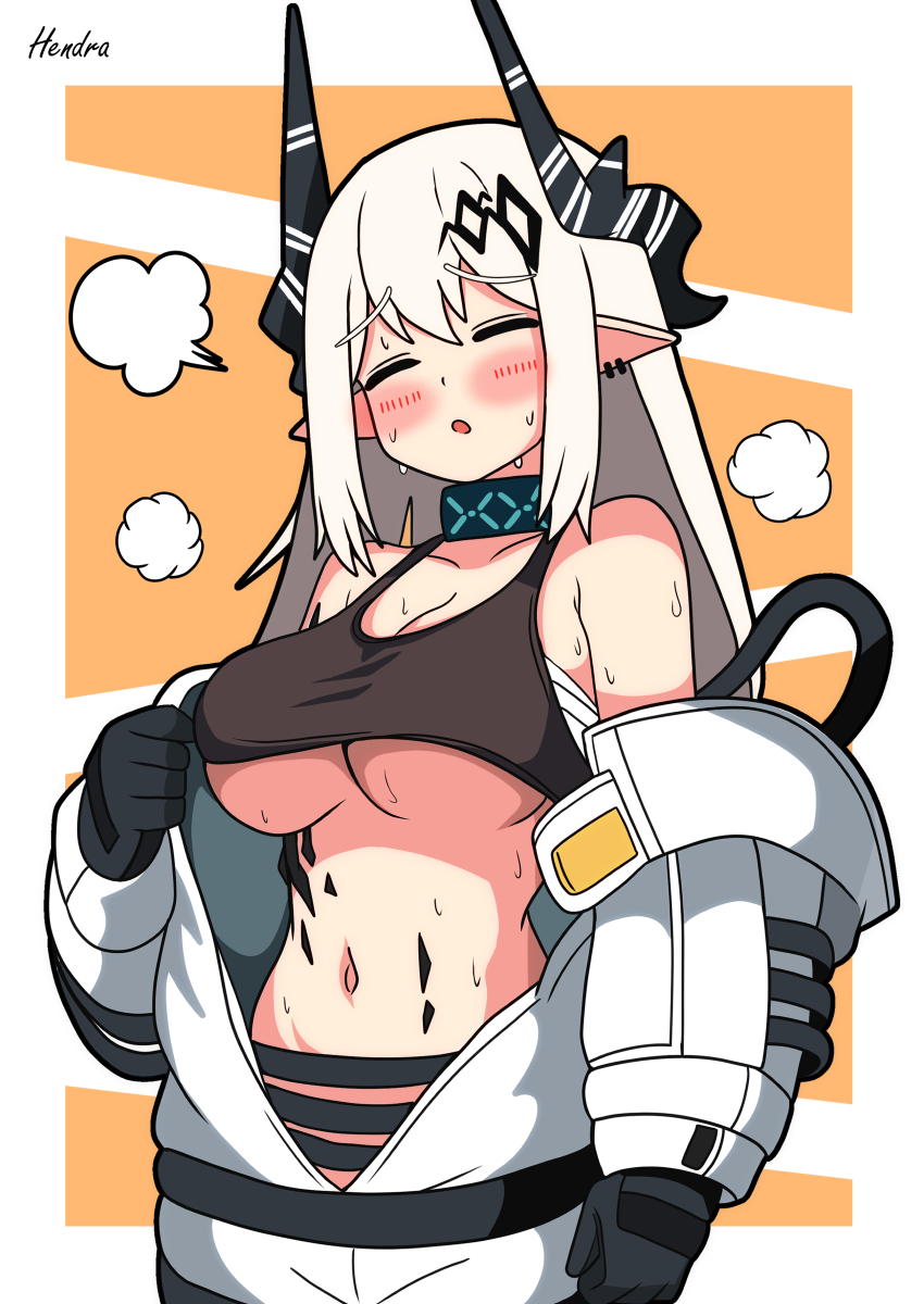 1girl absurdres arknights black_gloves black_sports_bra blush breasts closed_eyes gloves hendra highres horns infection_monitor_(arknights) large_breasts long_hair material_growth mudrock_(arknights) mudrock_(elite_ii)_(arknights) navel oripathy_lesion_(arknights) pointy_ears solo sports_bra sweat underboob white_hair