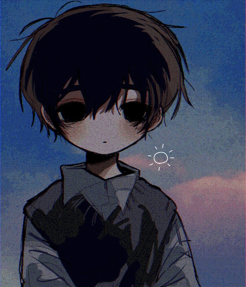 1boy black_eyes black_hair black_sweater_vest closed_mouth collared_shirt expressionless highres kobanzame_omo looking_at_viewer male_focus omori shirt short_hair short_sleeves solo sunny_(omori) sweater_vest upper_body white_shirt
