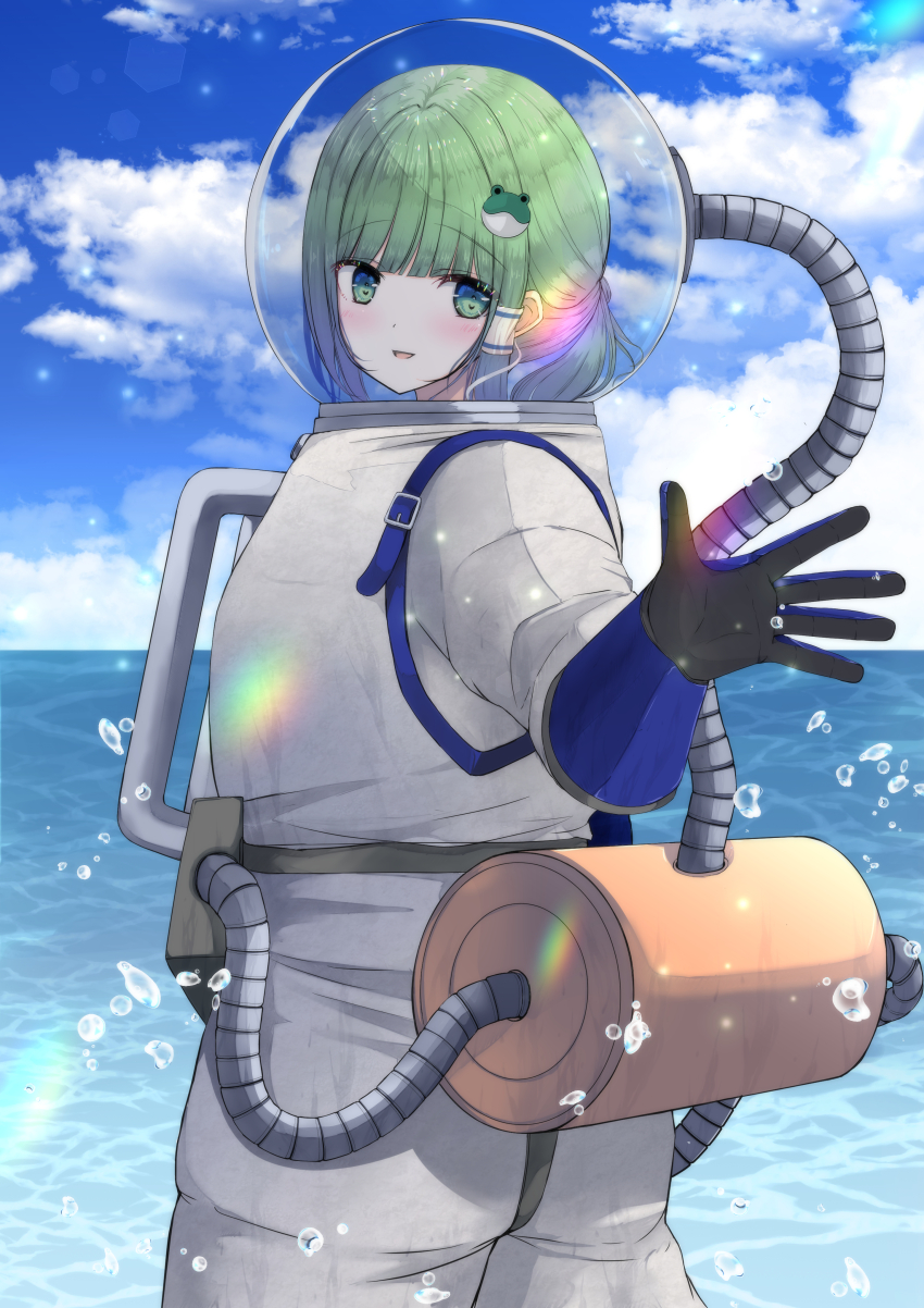 1girl absurdres diving_suit frog_hair_ornament gloves green_eyes green_hair hair_ornament hair_tubes helmet highres kochiya_sanae multi-tied_hair single_hair_tube snake_hair_ornament solo tomo_(uguisu-tei) touhou