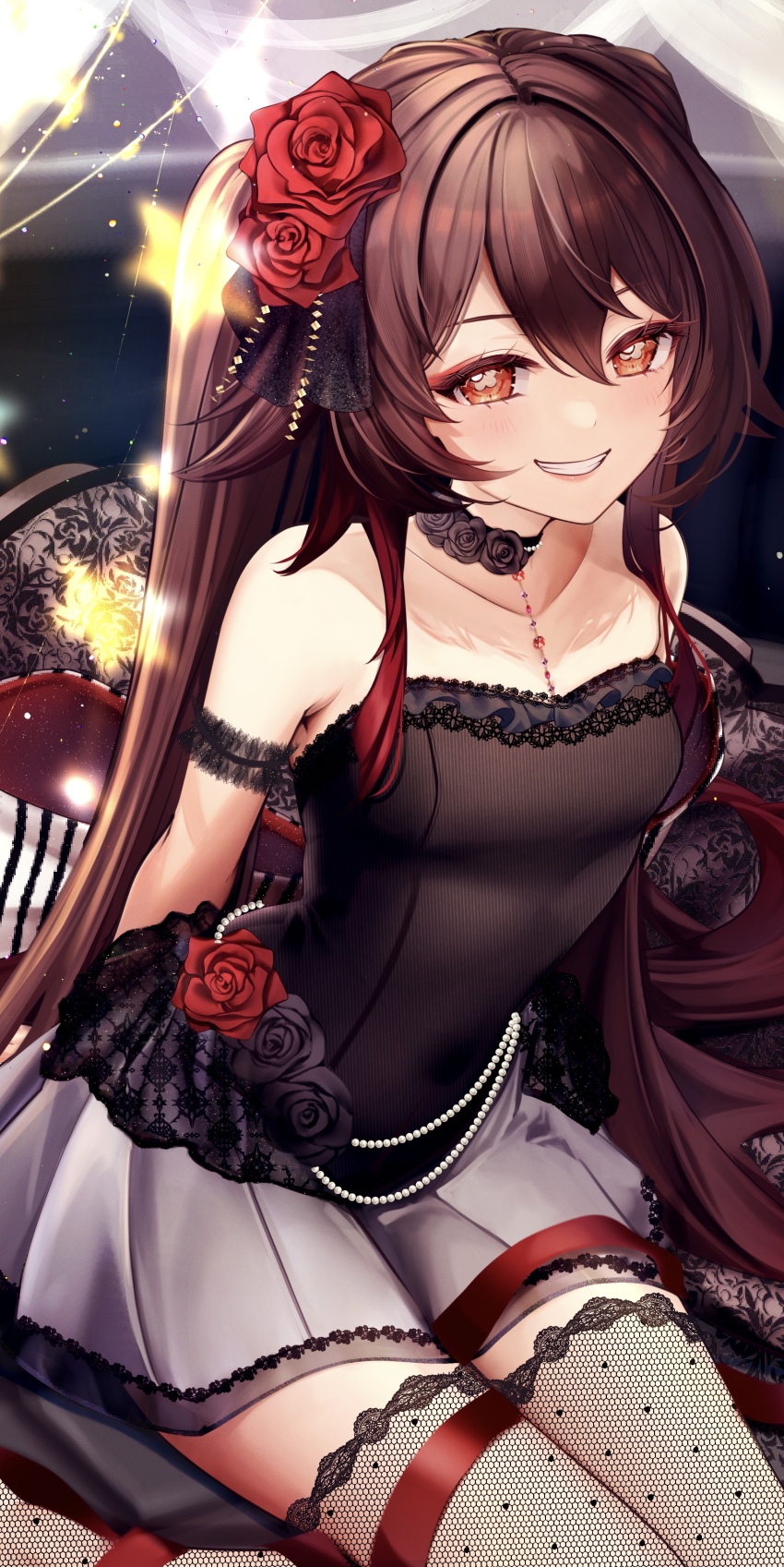1girl absurdres alternate_costume arm_strap arms_behind_back asahi_(vjss4548) black_choker breasts brown_hair choker collarbone fishnet_thighhighs fishnets flower genshin_impact grey_skirt grin hair_between_eyes hair_flower hair_ornament highres hu_tao_(genshin_impact) long_hair looking_at_viewer miniskirt pleated_skirt red_eyes red_flower red_ribbon red_rose ribbon rose sitting skirt small_breasts smile solo symbol-shaped_pupils thighhighs twintails