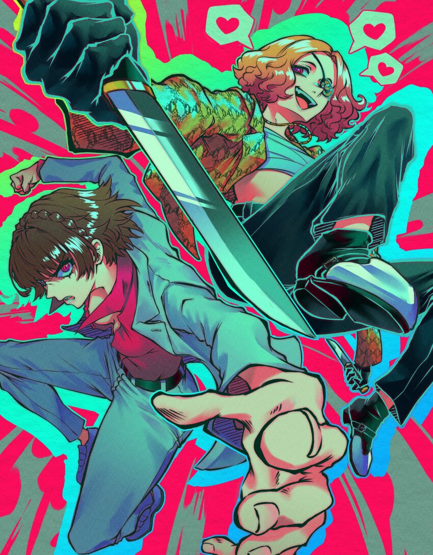 2girls absurdres andrich_galam braid brown_hair cosplay crown_braid eyepatch highres kiryu_kazuma kiryu_kazuma_(cosplay) long_sleeves majima_goro majima_goro_(cosplay) multiple_girls niijima_makoto okumura_haru open_mouth persona persona_5 red_eyes red_shirt ryuu_ga_gotoku_(series) shirt short_hair smile