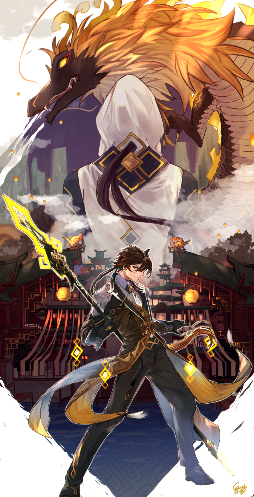 1boy absurdres antenna_hair black_gloves black_pants brown_hair claws dragon earrings eastern_dragon genshin_impact gloves gradient_hair highres holding holding_polearm holding_weapon hood hood_up hooded_robe jewelry kannazuki_beni low_ponytail male_focus multicolored_hair necktie pants polearm ponytail rex_lapis_(genshin_impact) robe short_hair_with_long_locks single_earring spear tassel tassel_earrings thumb_ring vortex_vanquisher_(genshin_impact) weapon white_necktie zhongli_(genshin_impact)