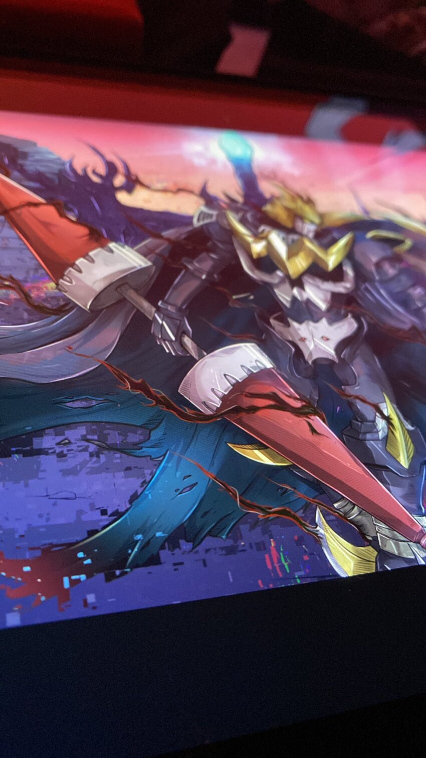 armor dark_knight darkknightmon digimon digimon_(creature) full_armor highres horns lance polearm solo weapon